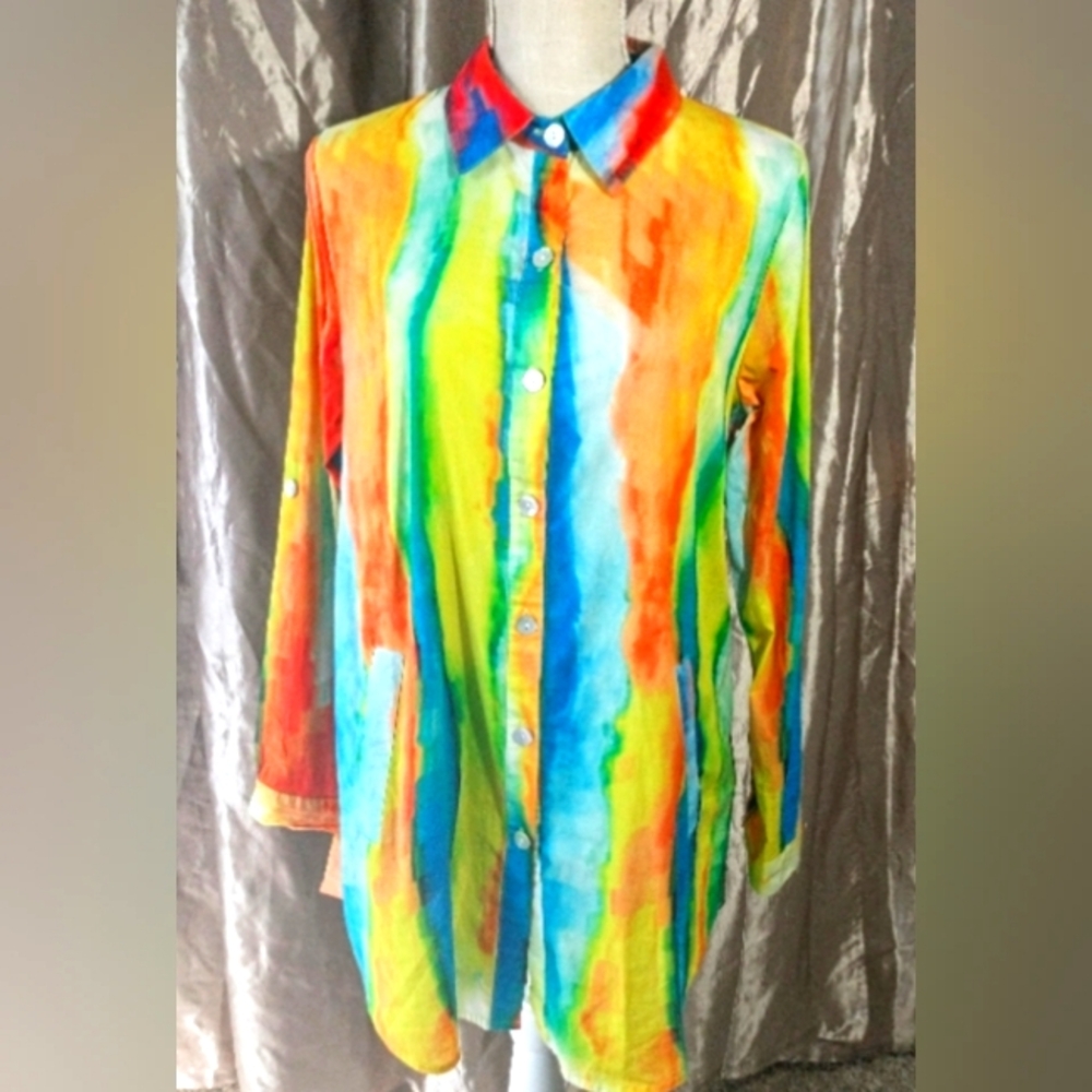 Long Colorful Button Front Blouse - 2 Pocket Front - M